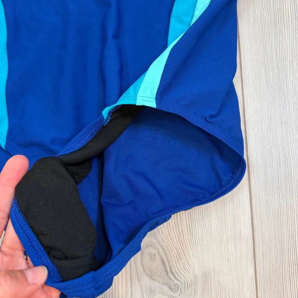 Lands End Blue Turquoise Colorblock One Piece Swimsuit Cross Back Size 10